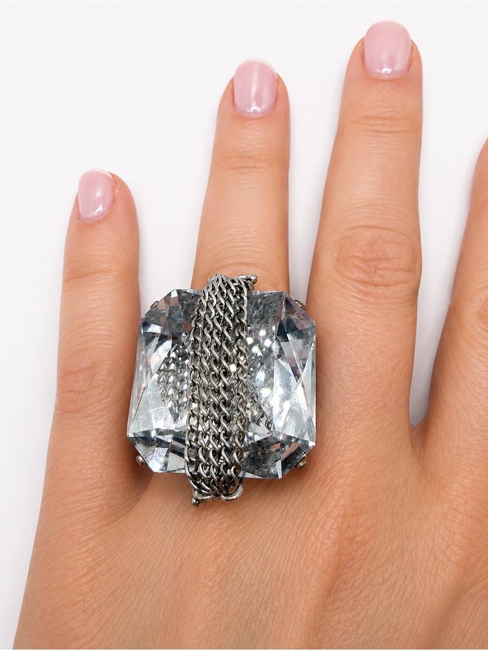 Oversized Clear Crystal Statement Ring with Silver Chain Accent